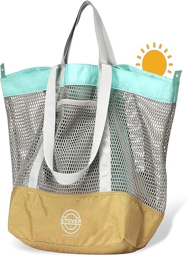 STOVER Extra Large Mesh Nylon Beach Bag- Vacation, Pool, Shopping, Toy, & Travel Tote- Foldable w/Storage Pouch & Pockets for Women, Men & Families - Heavy-Duty and Water-Resistant (Yellow/Teal) - Image 1